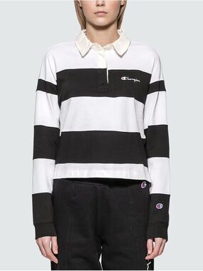 Champion Reverse Weave Small Script Striped Long Sleeve Polo Shirt size L